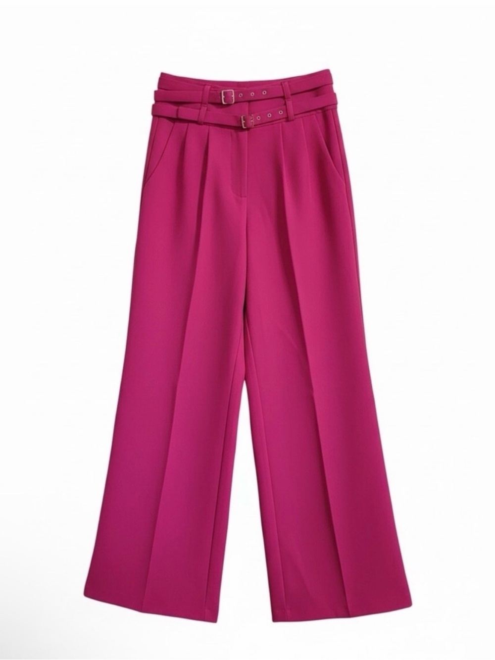Amanda Uprichard Double-Belt High-Waist Wide-Leg Pants - Fuchsia